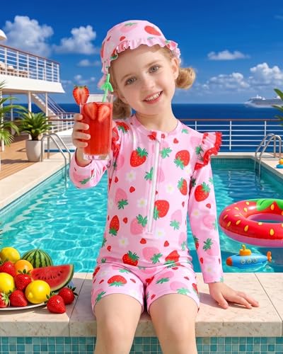 Image of Toddler Girl Swimsuit Baby Girl Bathing Suit Long Sleeve Floral Zipper One-Piece Rash Guard Swimsuit with Hat