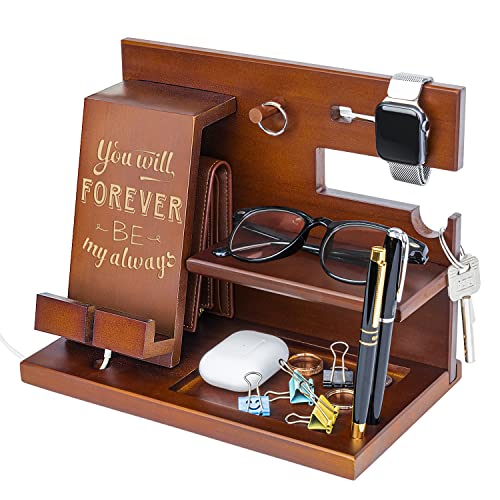 Image of awofer Wood Docking Station For Men Personalized Gifts For Man Wooden Gifts For Husband Him Boyfriend Mens Anniversary Valentines Christmas Birthday Gift Engraved Phone Nightstand Organizer