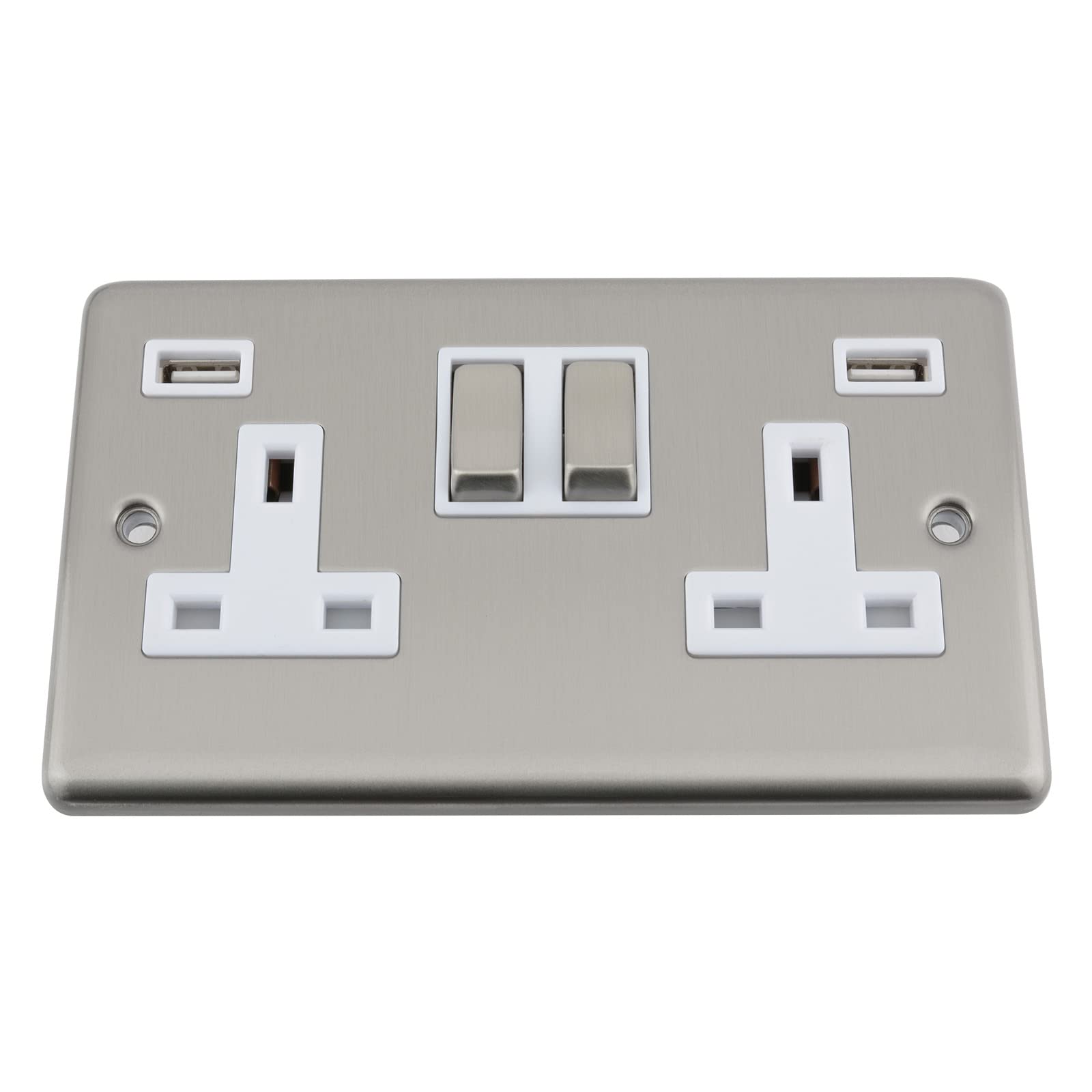 A5 USB Socket 2 Gang - Satin Matt Chrome Classic - White Insert - Metal Rocker Switch