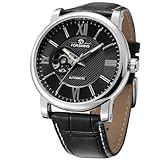 DAXIAOYU Herren-Armbanduhr, automatisch, Skelett-Uhren, selbstaufziehend, mechanisch, römische Ziffern, PU-Lederband, wasserdicht, leuchtende Armbanduhren, Silberfarben / Schwarz