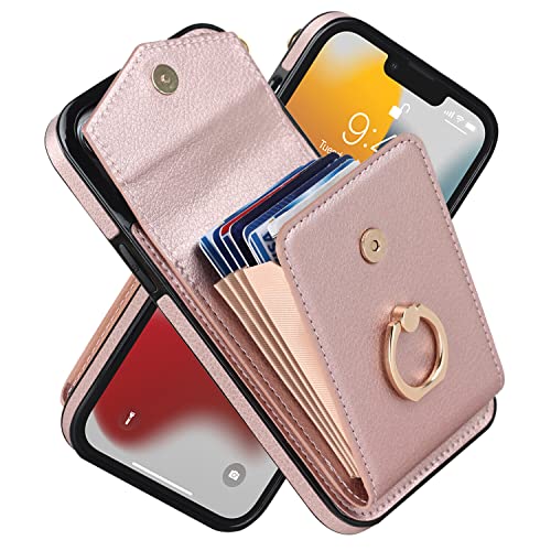 Phone Case for iPhone 14 Pro, High-end Stylish Leather Accordion Card Holder,Wallet Phone Case, Anti-Drop Lanyard, Multi-Functional Ring Stand Case, P