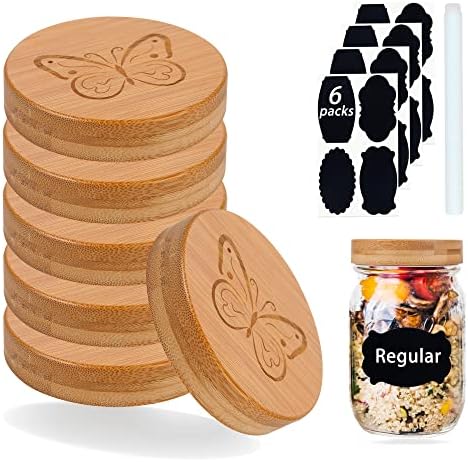 6 Pack Mason Jar Lids Regular Mouth, Bamboo Wood Reusable Mason Jar Lid for Canning, Leak Proof Storage, Airtight, BPA-Free, Charm Butterfly, Regular Mouth Mason Jar for Ball, Kerr