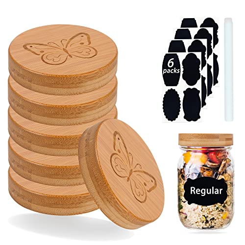 6 Pack Mason Jar Lids Regular Mouth, Bamboo Wood Reusable Mason Jar Lid For Canning, Leak Proof Storage, Airtight, Bpa-Free, Charm Butterfly, Regular Mouth Mason Jar For Ball, Kerr #TOP12