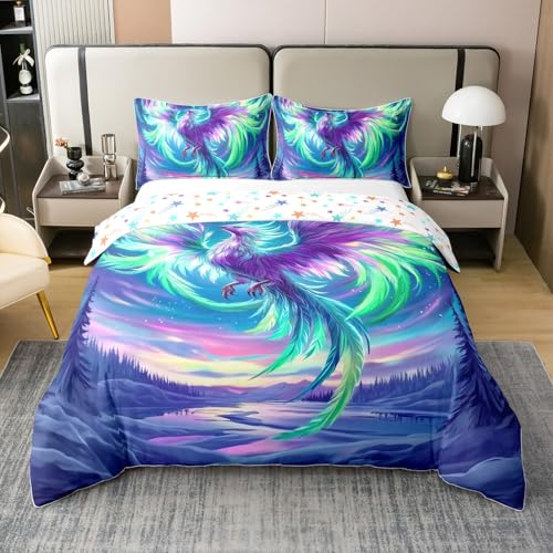 Phoenix Duvet Cover Twin Size for Kids Boys Teens,Mysterious Bird Colorful Feather 2 Pieces Duvet Cover,Watercolor Starry Sky Comforter Cover (Not Comforter),Exotic Wild Birds Quilt Cover