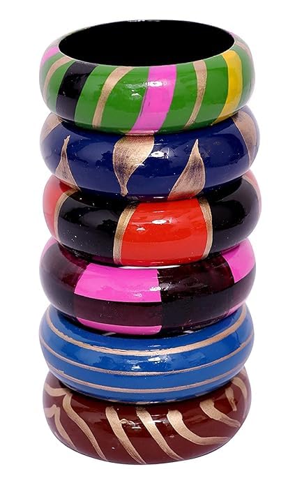 Wooden Bangles Set for Women, Pack of 12, Multi Colour, Wide Ethn...