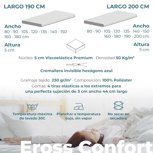 Cubre Colchon 105x190 Viscoelástico 100% Confort y Adaptabilidad. Ergonómico, Transpirable y Cómodo. Alivia la Tensión Muscular. Funda con Cremallera Desmontable. Altura 5 cm ErossConfort - imagen 6