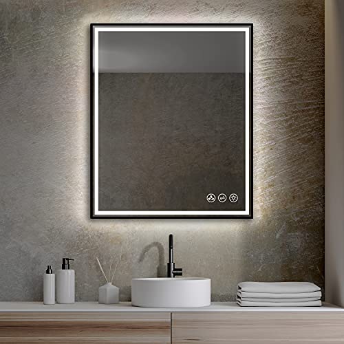 30x36 Inch LED Bathroom Mirror with Matte Black Frame| Wall Mounted Backlit Vanity Mirror with Lights | Anti-Fog, 3 Color Dimmable Smart Bathroom LED Mirror | Frame Vanity Mirror for Makeup