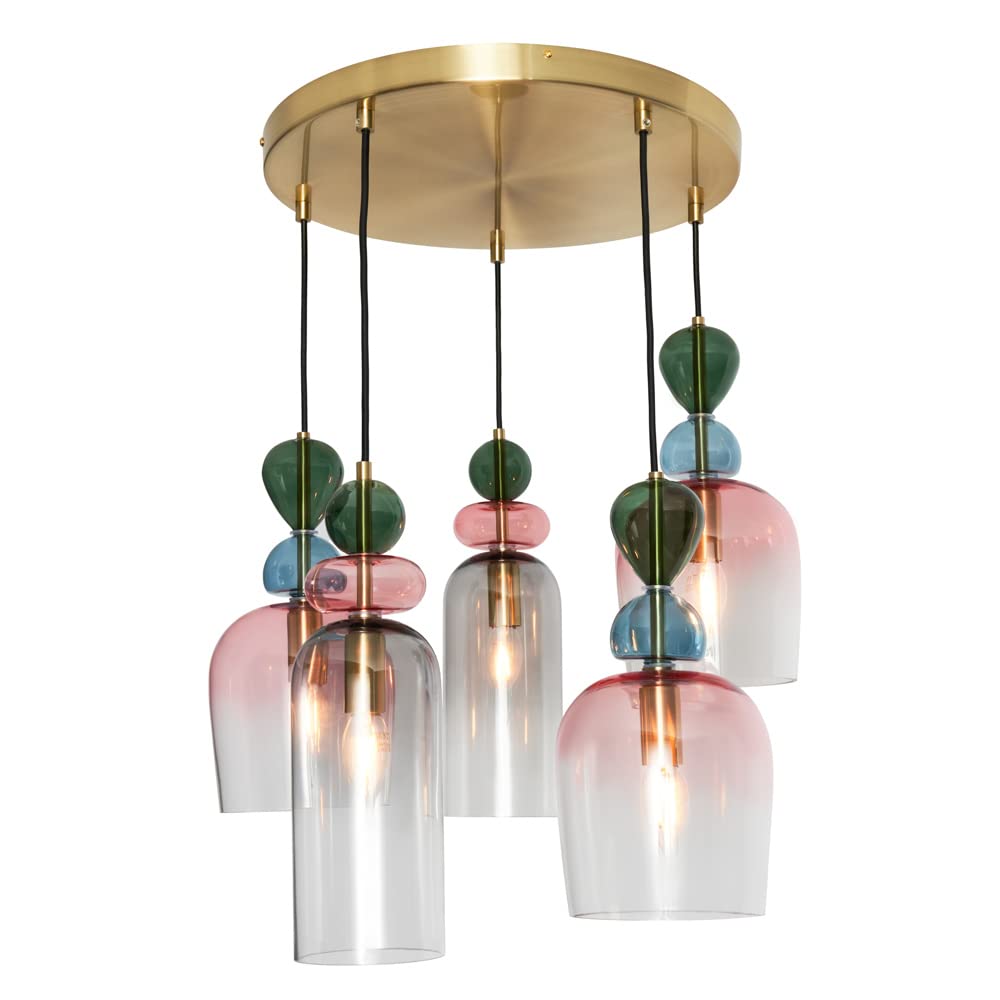Litecraft Satin Brass Visconte Vietri Ceiling Pendant Multicolour Glass Shaded Cluster 5 Light