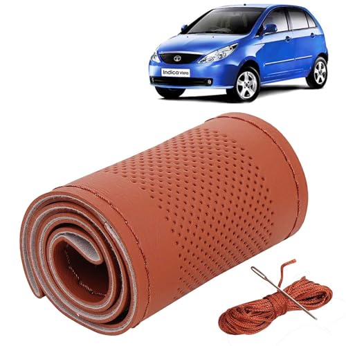 Image of KINGSWAY PU Leatherite Car Steering Cover Sewable Compatible with Tata Vista (Year 2008-2014), Tan Color with Tan Thread, Pack of 1 with Sewing Needle and Thread