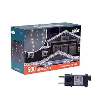 ANSIO® Lichtketting voor buiten, ijspegels, 17 m, 500 leds, voor Kerstmis, balkon, kerstdecoratie, koudwit en warm wit, met groene kabel