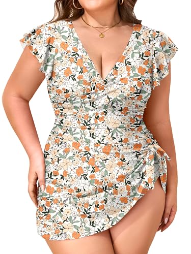 SOTHEA Plus Size Swim Suits for Women One Piece Bathing Suit Modest Swim Dress Tummy Control V Neck Ruffle Swimwear