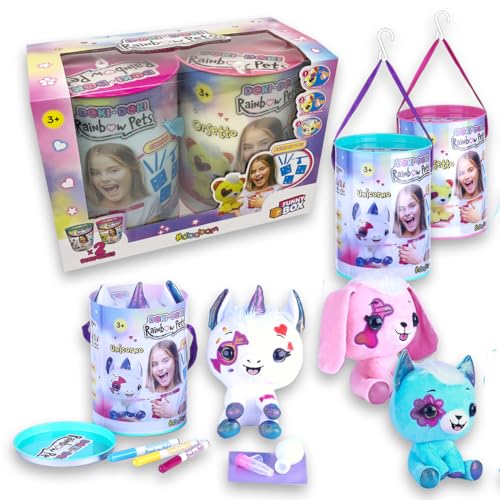 #sbabam Funny Box Doki Rainbow Pets Maxi, Animales de Peluche para Colorear con Plantillas y rotuladores Lavables para niños, 2 Unidades – Peluche Gato, Unicornio, Conejo y Otros, Regalo para niña y