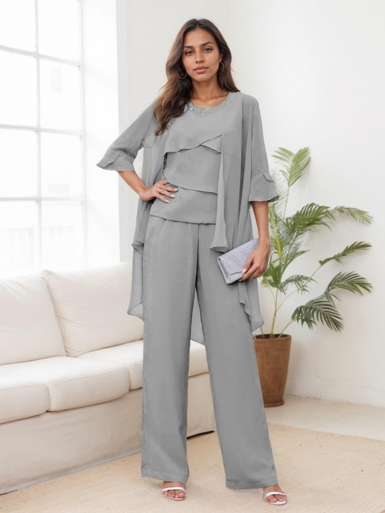 Conjunto de pantalones para madre de la novia, conjunto de 3 piezas de gasa para boda, formal, vestido de noche para mujer