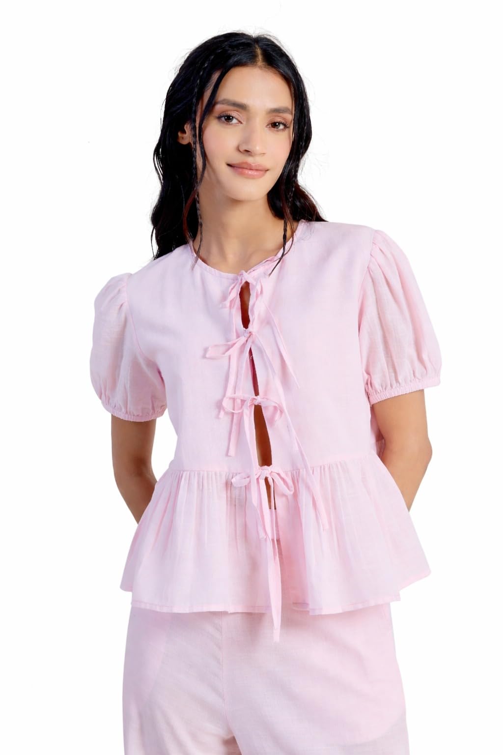 FIORRA Women's Pink Solid Linen Peplum Top TOP016 : Amazon.in