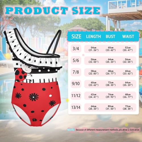 Image of Ladybug Swimsuits for Girls 5-14 One Piece Bathing Suit Kids One Ruffle Shoulder Beach Sport Swimwear