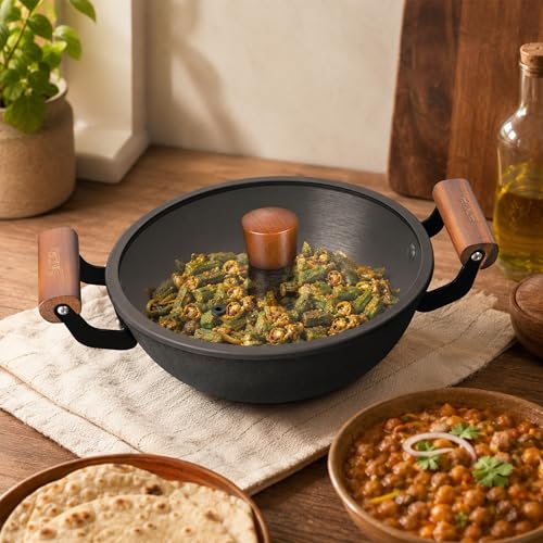 Image of Alda Ironiq Cast Iron Wok 22cm with Lid & Dual Wooden Handles | Pre-Seasoned Kadai | Naturally Non-Stick Heavy Duty Cookware | No Coating No Enamel | Induction & Gas Stove Compatible