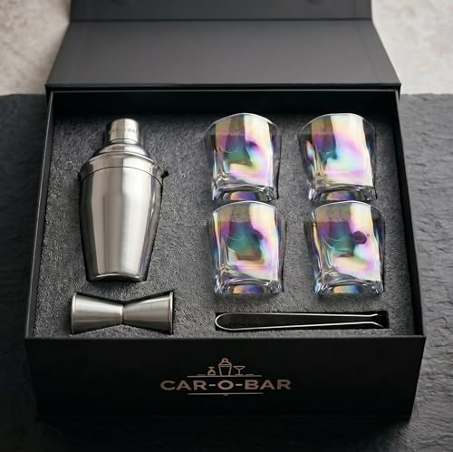 Image of Car-O-Bar Silver Bar Set with Glasses Gift Set | 7 Pieces Bartender Kit:Cocktail Shaker, Jigger,Ice Tong, Set of 4 Whiskey Glasses
