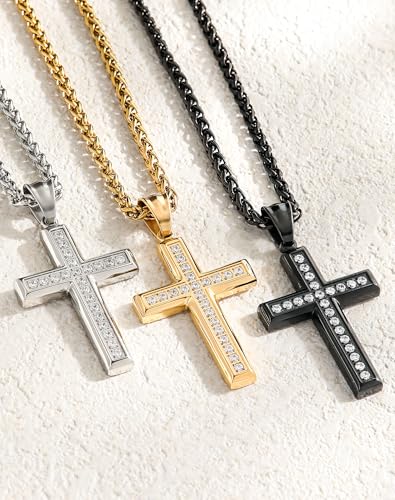 Stainless Steel CZ Cross Necklace Men Women - 18K Gold Plated 5A+ Cubic Zirconia Crucifix Pendant - Christian Religious 3mm Rolo Chain Jewelry Present2