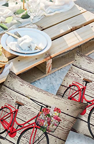 Outdoor Pillow Covers Waterproof, Red Bike with Floral Throw Pillowcase Decorative Cover, Retro Wooden Stripes Grain Garden Cushion Case Set of 2 for Sofa, Couch, Tent, Patio 16