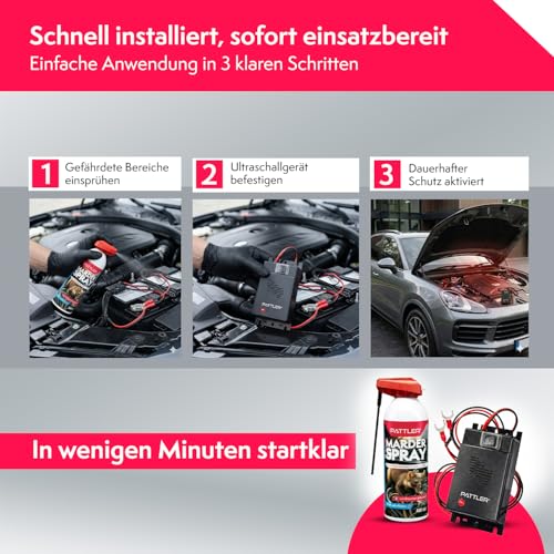 PATTLER Marderabwehr Set – Marderschreck Auto Ultraschall und Marderspray Auto 400ml. Marderschutz für Motorraum und Garage. Kombination zur Marderabwehr Auto
