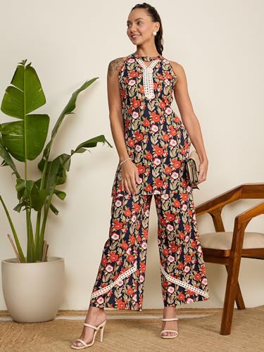 Image of Women's Floral Printed Kurti and Palazzo Set | Sleeveless Ethnic Co-Ord Set