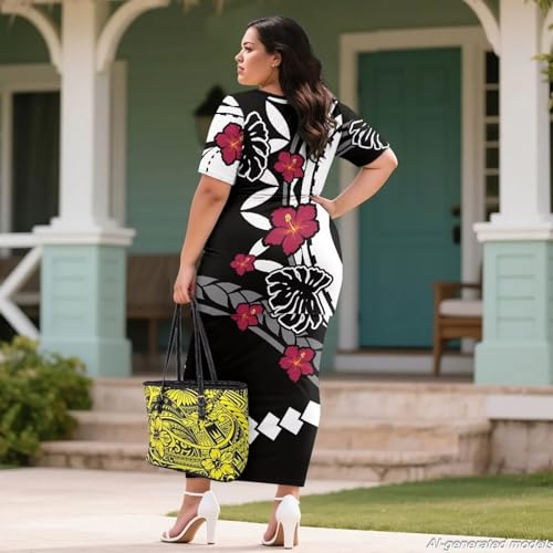 Image of Polynesian Dress for Women Short Sleeve High Waist Maxi Skirt | Puletasi dress, t-shirt and skirt two-piece, elastic material, lightweight, soft, plus size, luau party, wedding, clubwear