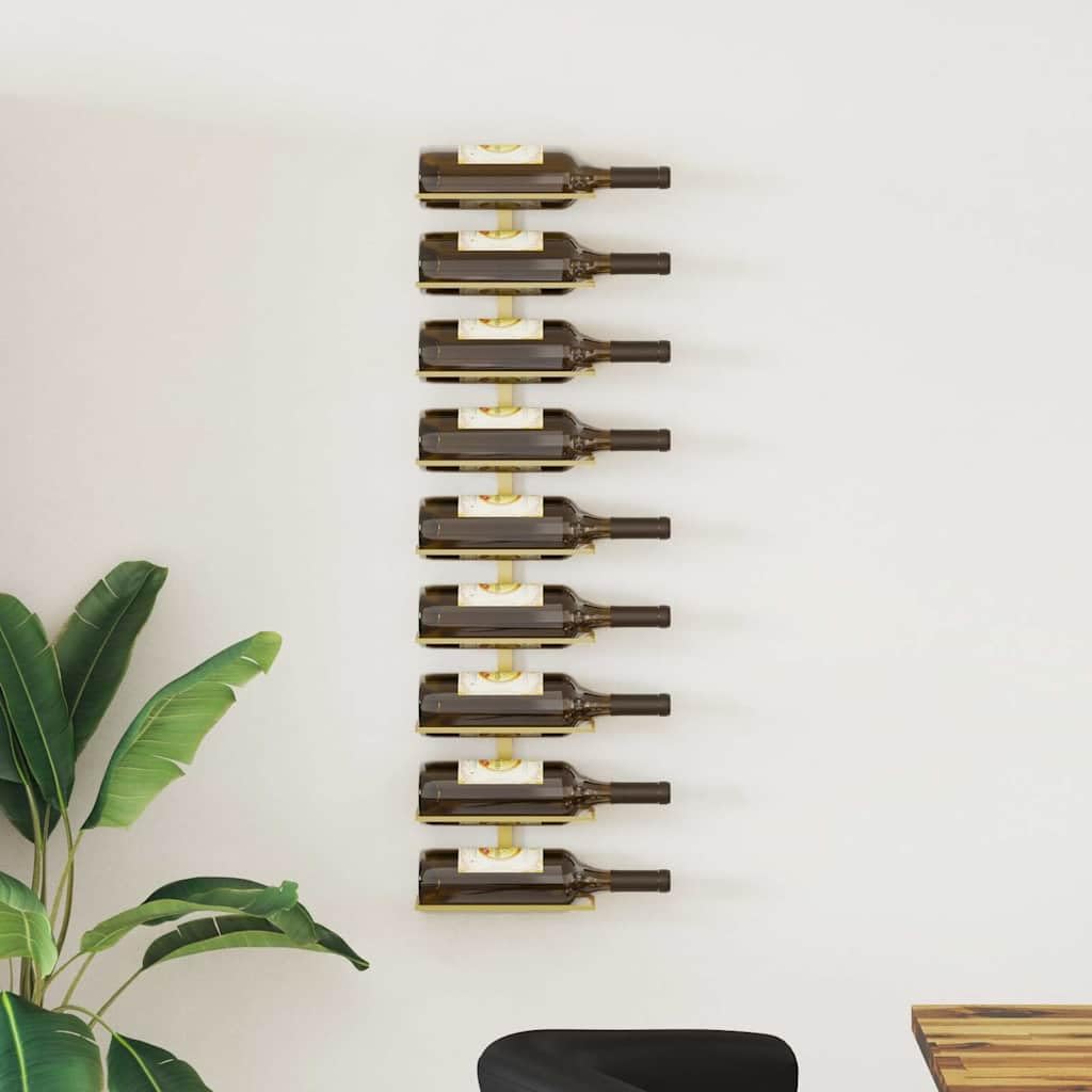 Wand-Weinregal für 9 Flaschen Golden Eisen, Modernes Weinlager Regal aus Metall, Stabile Wandhalterung für Weinflaschen Aufbewahrung, Elegantes Design für Küche Bar