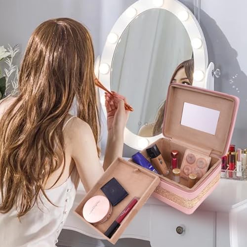 Image of FADAK Faux Leather Cosmetic Makeup for Beauty Case Wedding Makeup Brushes Pouch Tikli Organizer Travel Large Vanity Mirror Box Storage Bag Jewelry Bridal Box (Rani Pink)