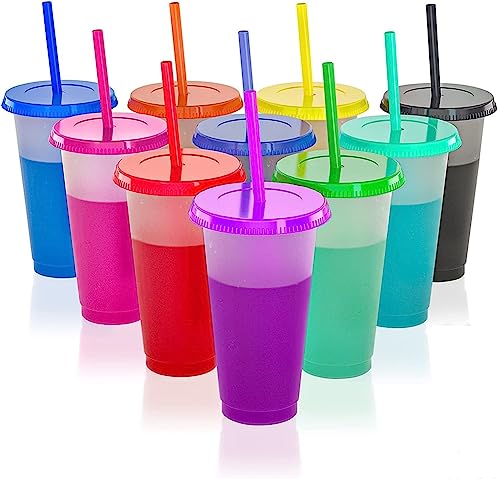 LATERN 10 Pezzi Tazze che Cambiano Colore con Coperchi e Cannucce, 710ml Bicchieri di Plastica Riutilizzabili Carini Bambini Bicchiere Tazze da Viaggio Sfuse per Acqua Ghiacciata Caffè (10 Colori)