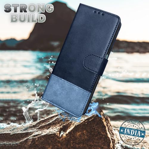 Image of Amazon basics Flip Cover for Vivo Y19e / Y04 4G / Y29s 5G | Wallet Style & Stand | Dual-Tone PU Leather Finish | Magnetic Flip Case (Navy & Light Blue)