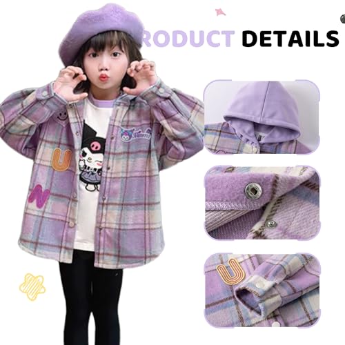 Cartoon Long Sleeve Plaid Shirts for Petite Women Girls Button Down Hooded Shacket Fall Flannel Shirt Tops with Hood4