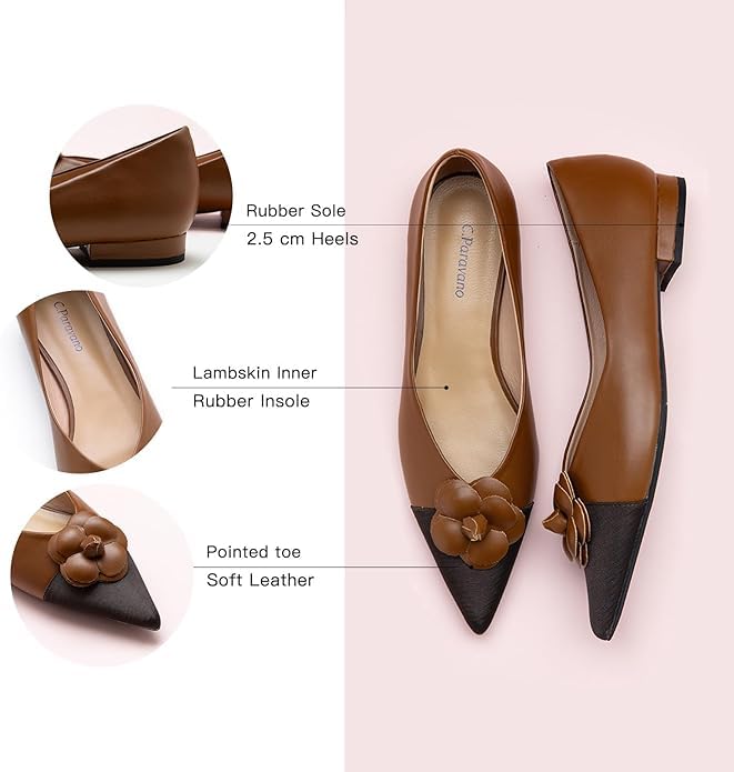 C.Paravano Women's Pointed Toe Two Tone Designer Ballet Flats - Leather Shoes for Dressy Casual Work Office Party4