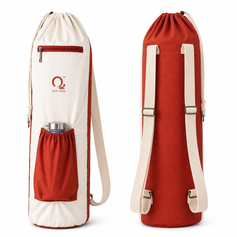 Image of O2 Yoga Mat Bag | Basic Style Cotton Yoga Mat Carry Bag with Adjustable Double Straps | Bottle Holder & Zipper Pocket | Yoga Mat Cover Bag for Women & Men | Fits 2mm-10mm Mats - Rusty Cream