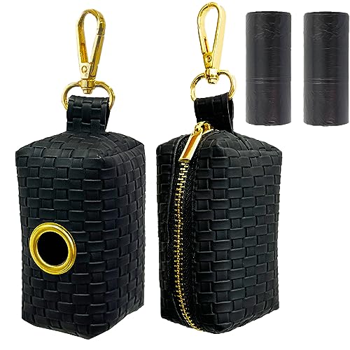 Image of CAKOVANO Dog Poop Bag Holder for Leash, 2 Pack Dog Poop Bag Dispenser Doggie Waste Bag Holder Leather Puppy Poop Bag Carrier, includes 2 Rolls Poop Bags - Fits All Dog Leash (Black)