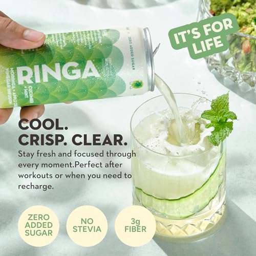 Image of RINGA Cucumber Mint Sparkling Hydration Drink - Organic Moringa + Apple Cider Vinegar with 3g Prebiotic Fiber - No Added Sugar, No Artificial or Natural Flavors - Gut Health & Clean Hydration - 12oz Cans (12 Pack)
