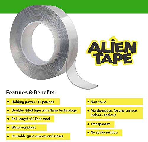 Image of ALIEN TAPE Nano Double Sided Tape 60 Feet, 6 Rolls - Multipurpose Removable Adhesive Transparent Grip Mounting Tape Washable Sticky - Heavy Duty for Crafts, DIY Projects, Home Repairs - As Seen On TV
