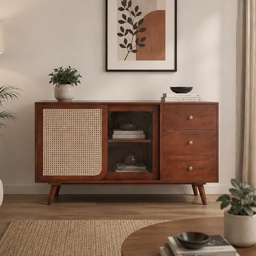 Image of The Attic INES Cabinet, Solid Wood Sideboard for Living Room, Classy TV Cabinet, Wooden Free Standing TV Unit with Storage, Honey Matte Finish