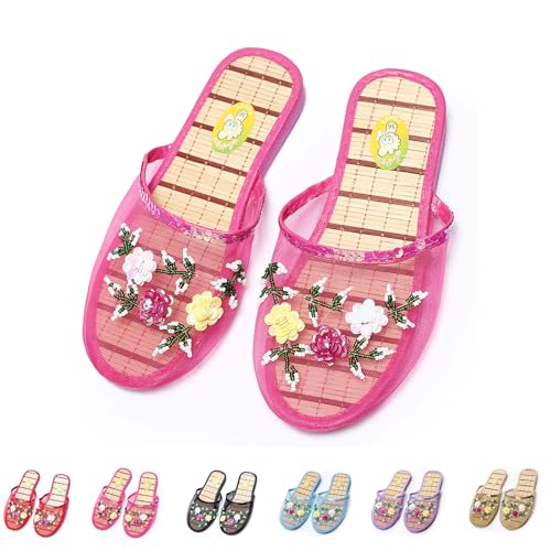 Chinese Slippers For Women, Chinese Mesh Floral Slippers, Breathable Mesh Bamboo Flats Slippers Sandal