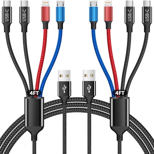 Dual Type C 4 in 1 Charging Cable 2Pack 4FT, Multi Charging Cable for Multiple Ends, Universal USB Cable with IP/Micro USB/Dual USB C Port Compatible iPhone16 15 14 Series, Cell Phones Tablets Pads