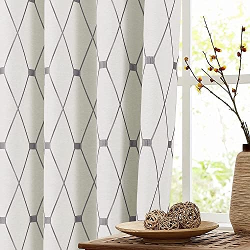 Embroidered Curtains 84 inch Length 2 Panels Set for Living Room Bedroom, Cotton Linen Textured Curtains Light Reducing Draperies Grommet Room Darkening Window Treatments, Grey Geometric Pattern