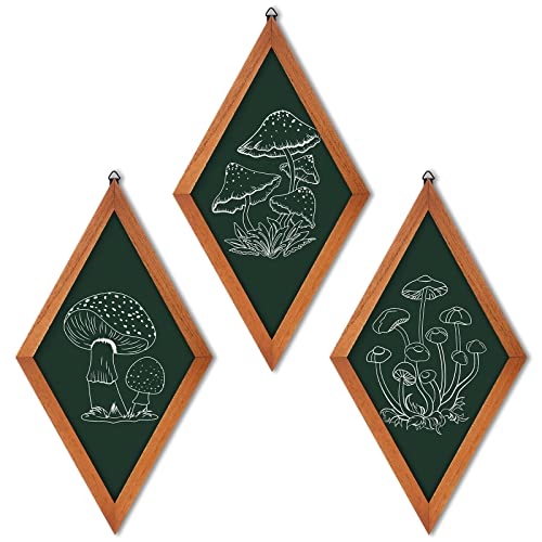 Image of Gulfmew 3 Pcs Mushroom Wall Art Decor, 70s Vintage Wood Diamond Hanging Signs, Boho Cottagecore Botanical Aesthetic for Bedroom Living Room Office Whimsical Terracotta Home Decorations(Dark Green)