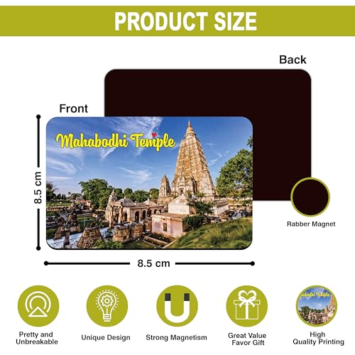 Image of Elegant Fridge Magnet with Themes |Rectangular Size Refrigerator Magnet with Magnetic Rubber Back | Pack of 1, 8.6cm X 5.4cm (Mahabodhi Temple)
