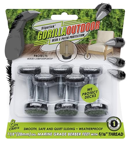 Slipstick Gorilla Outdoor Adjustable Furniture Levelers (8 Pack) Weatherproof Screw in Leg Glides for Chairs, Tables, and Outdoor Furniture Feet, 1-1/8 Inch Berber Glide, 5/16”-18 BSW Thread