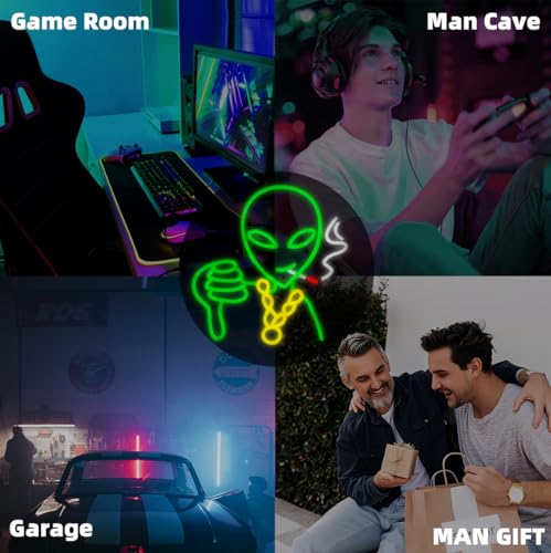 Image of Retro Alien Neon Sign for Wall - Dimmable RGB LED Art with USB Power, 12.7x13 Inch Man Cave Lighting, Gaming Room Decor, Alien Themed Party & Gifts for Men