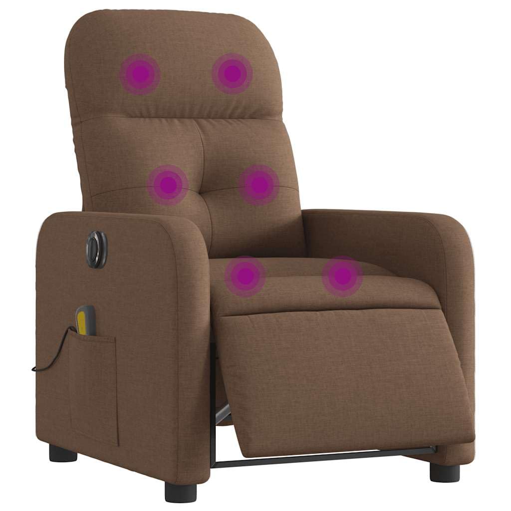 Massagesessel elektrisch braun Stoff mit 6-Punkt-Vibrationsmassage, Verstellbarer Rückenlehne und Fußstütze, ergonomischer Relaxstuhl mit Holz Metall Gestell