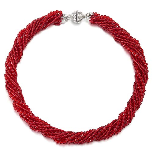 COOLSTEELANDBEYOND Rouge Vif Statement Pendentif Collier Multi Couches Perles Cristal Tressé Chaîne Choker Fermoir Magnétique Robe Soirée