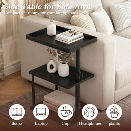 Image of Faesun C Table End Table Adjustable Height, 360Swivel TV Tray Table for Small Spaces, Small Nightstand for Living Room, Bedroom, Black