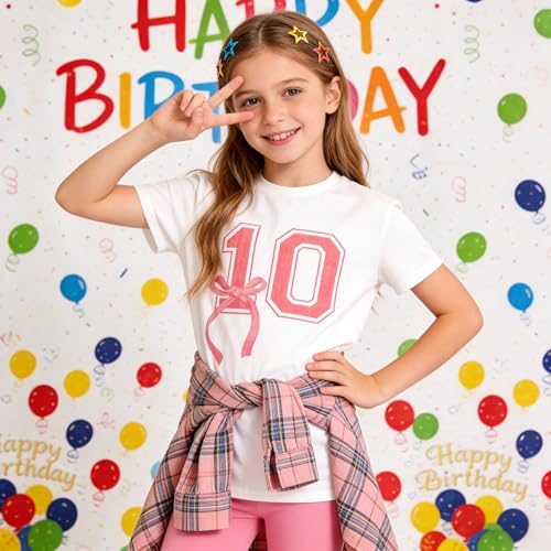 Image of Girl Birthday Shirt 10th Birthday T-Shirt Bow 10 Year Old Bday Short Sleeve Tee Top Tenth Party Outfit