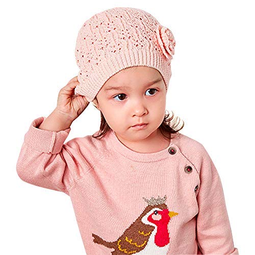 Vivobiniya Baby Girl Winter Knit Hat Toddler Beanie Double Hollow Flower Hat 6M-6Ypink and White2
