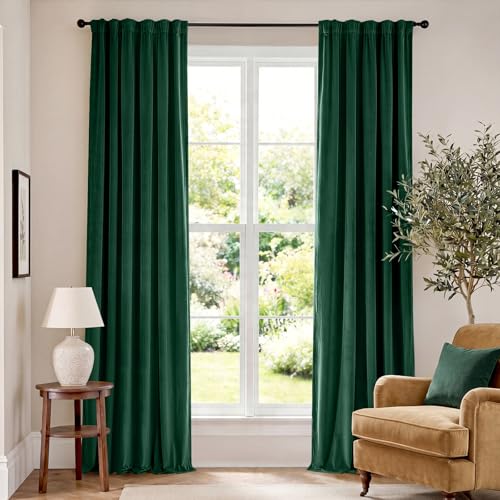 Image of Blackout Emerald Green Velvet Curtains 52x102 Inch 2 Panels | Soft Velvet, For Bedroom & Living Space, Light Shifting Texture, Elegant Drape, Classic, Rod Pocket